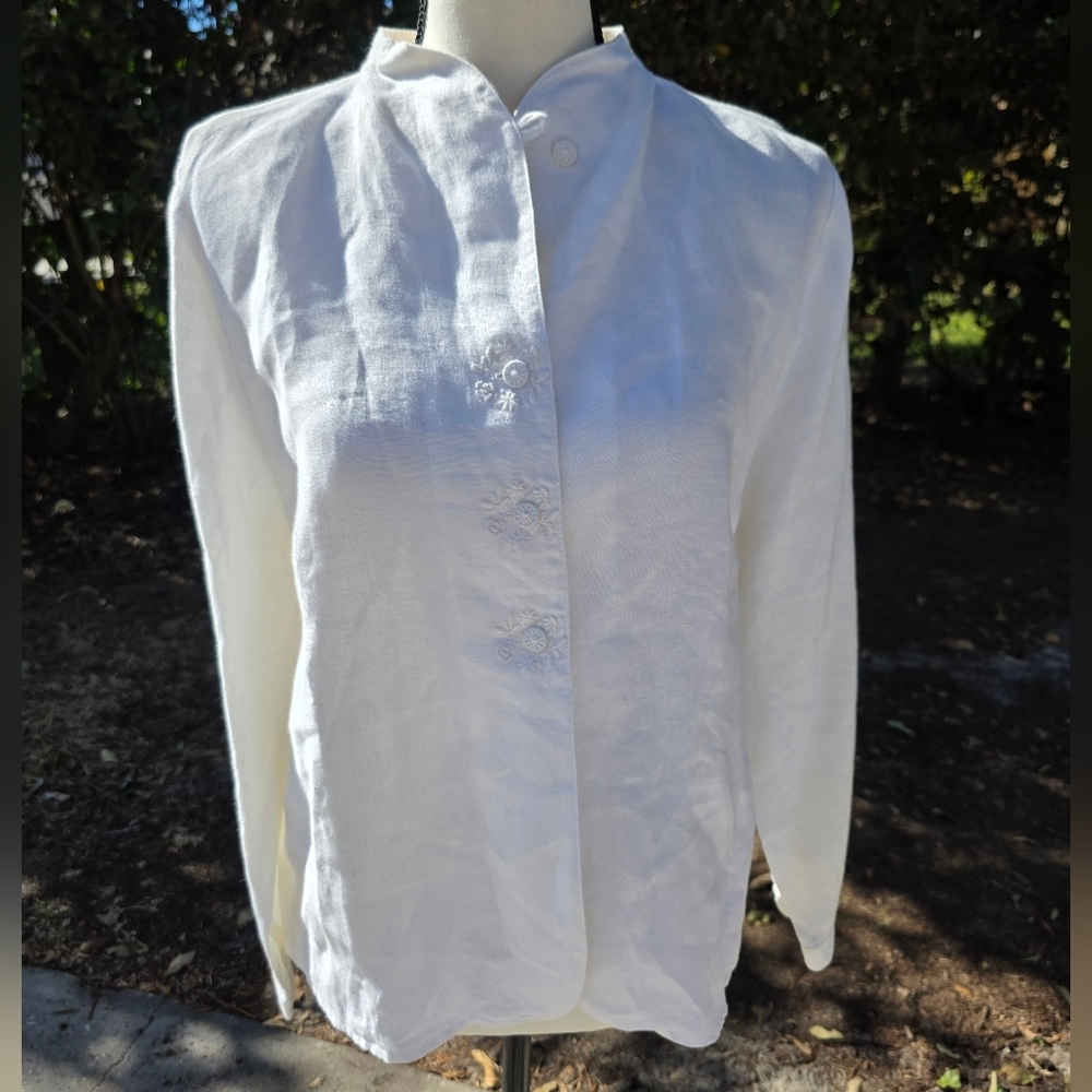 Hess Frackmann Linen Elegant White Button-Up Blouse Sz40 Medium